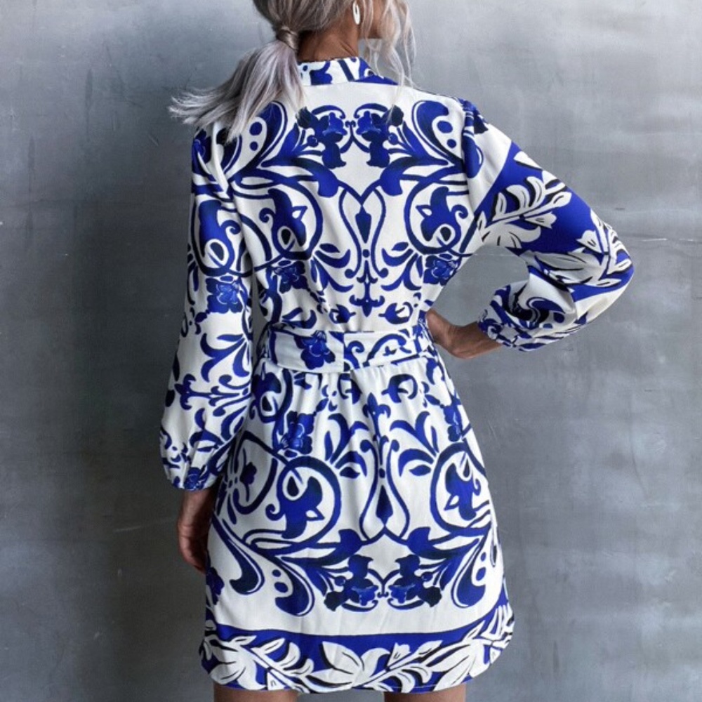 Boho Blue V neck Mini Dress Cottage core Party - Picture 3 of 4